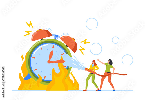 Deadline, Overtime, Time is Over Concept. Tiny Female Character Extinguish Huge Burning Alarm Clock with Ringing Bell