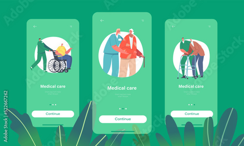 Medical Care Mobile App Page Onboard Screen Template. Volunteers Characters Help to Seniors, Push Wheelchair, Walk