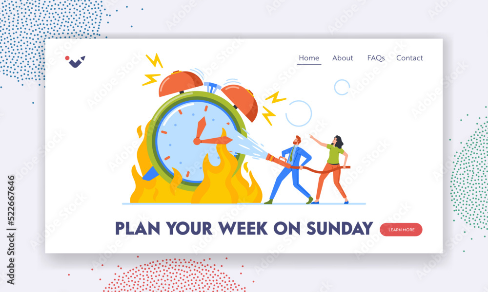 Time Planning Landing Page Template. Office Man and Woman Extinguish Huge Burning Clock with Water Hose