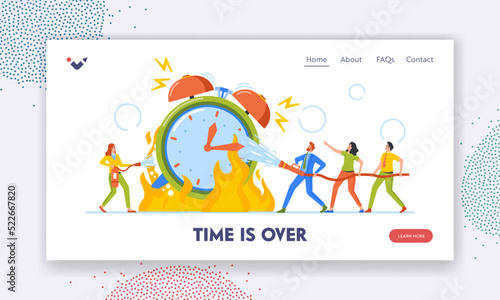 Time is Over, Deadline Landing Page Template. Tiny People Extinguish Huge Alarm Clock with Fire Fighter Hose