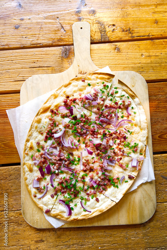 Flammkuchen “Tarte Flambée” traditional german food served with style