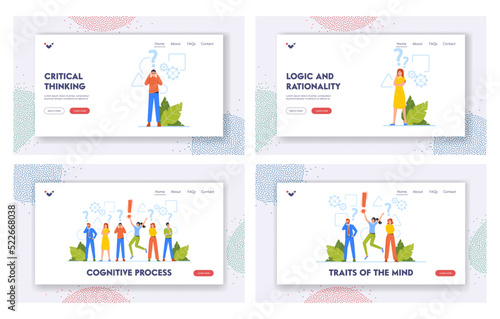 Cognitive Process Landing Page Template Set. Critical Thinking Concept, Business Characters Men Women Making Decision