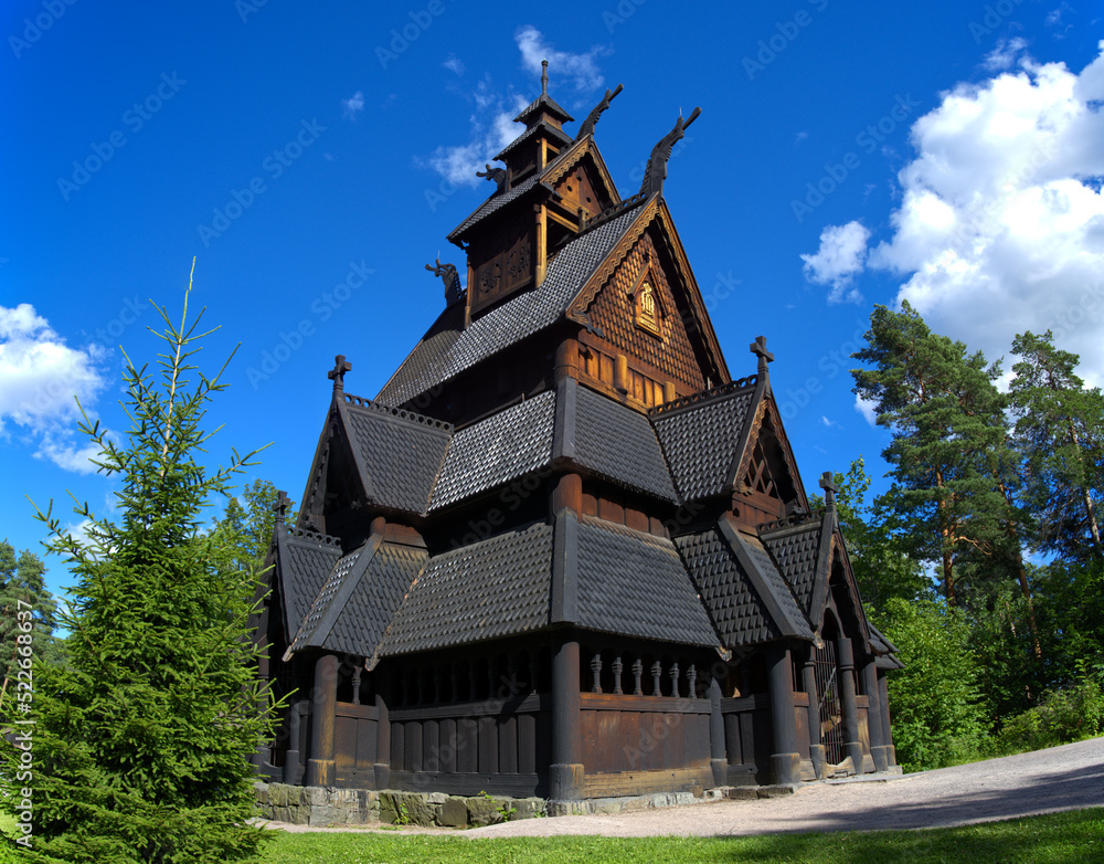 Wooden church “Gol Stave stavkyrkje” in the city of Oslo in Norway Europe on the island Wooden church “Gol Stave stavkyrkje” in the city of Oslo in Norway Europe on the island
