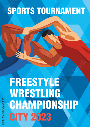 A freestyle wrestling sports tournament. Poster for the championship. The painted athletes are fighting