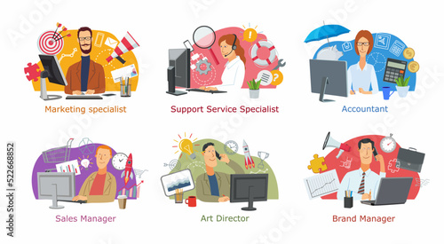 A set of icons for office professions. Cartoon characters are a marketer, technical support, accountant and brand manager. People surrounded by office symbols