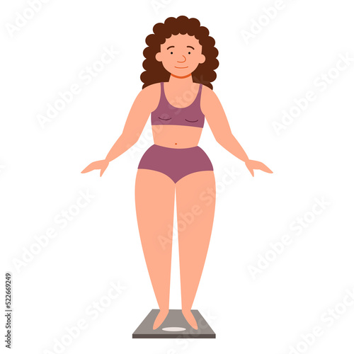 A fat girl stands on the scales. Control of excess weight. Vector illustration in a flat style.