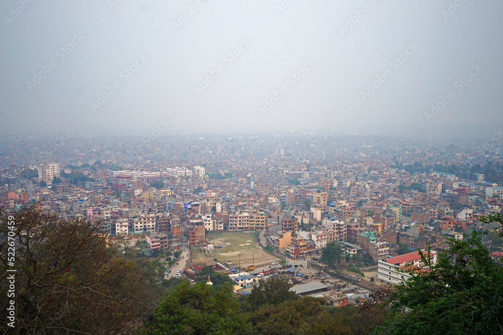 Aerial view from the top of Kathmandu cityscape, the capital city of Nepal