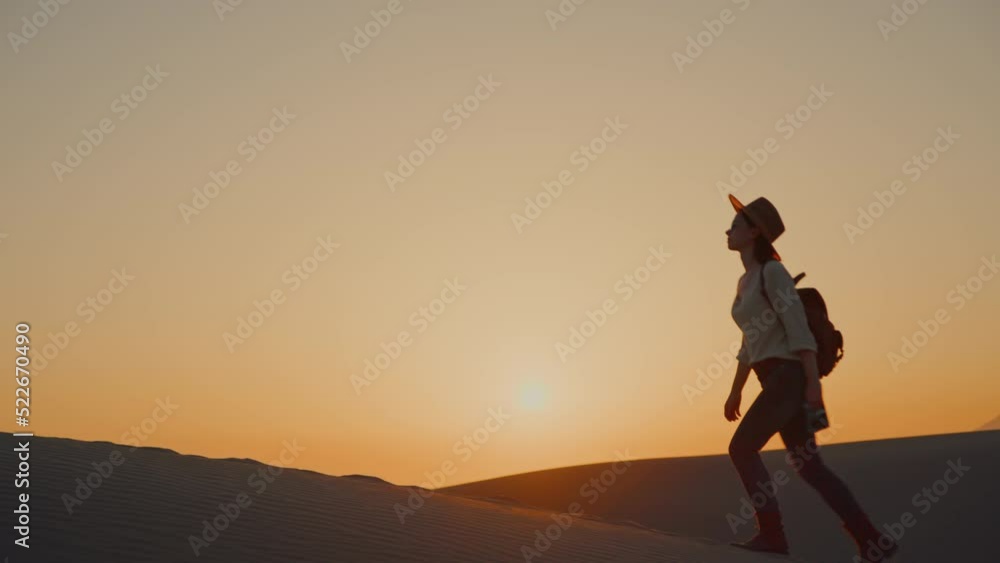 Attractive woman aith a retro camera walking on a sand dune in the sun Attractive woman aith a retro camera walking on a sand dune in the sun