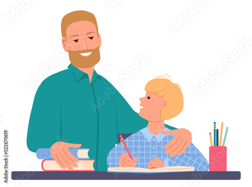 Little boy is writing in a notebook. Schoolboy doing homework. Behind is a smiling father. The teacher is satisfied with the student's work. Vector illustration in flat style