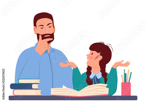 Little girl is doing her homework and sadly spreads her hands. Thoughtful father is sitting next to her and looks at the notebook. Teacher and student. Vector illustration in flat style