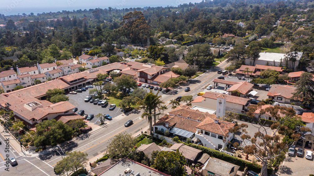 Daytime aerial view of downtown Montecito, California, USA.