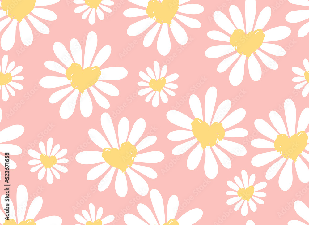 Daisies and hearts seamless pattern. Chamomile flowers. Vector background. 