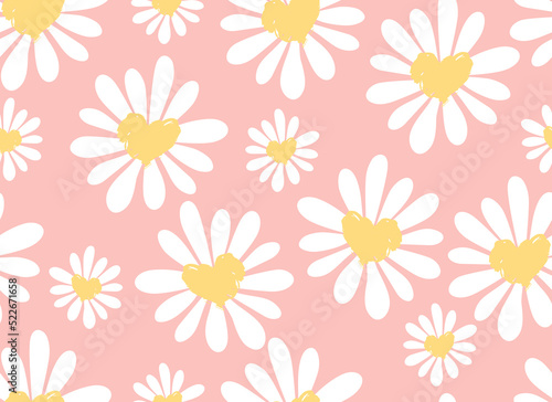 Daisies and hearts seamless pattern. Chamomile flowers. Vector background. 