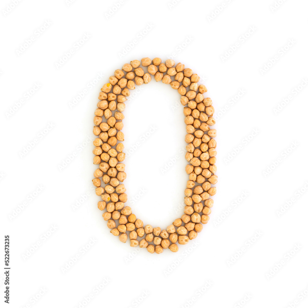 Number 0 made from chickpea beans. Dry chick pea font. Alphabet made from gram . White background Number 0 made from chickpea beans. Dry chick pea font. Alphabet made from gram . White background