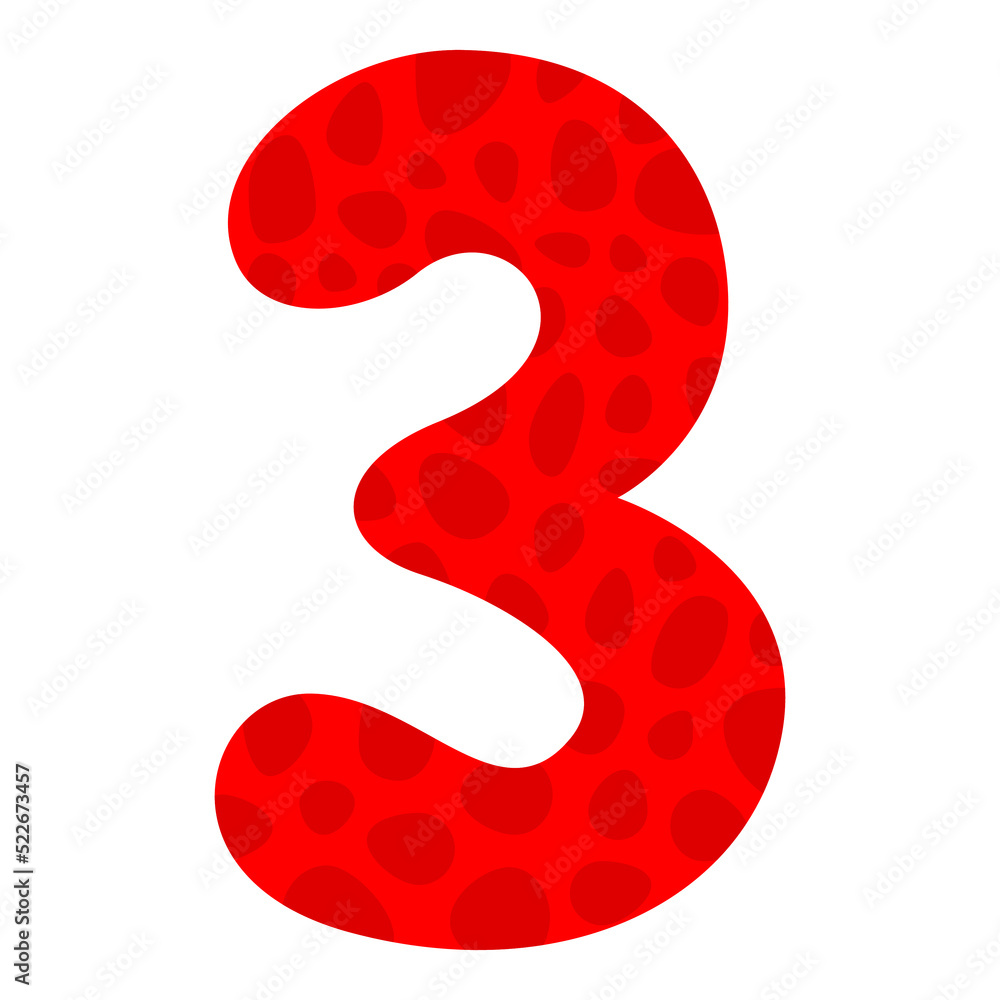 3, cartoon Arabic numerals with prints. Ten digits of the Arabic numerals from 0 to 9, font Hand drawn. Decorative numbers for children's magazines. Vector illustration isolated on white background