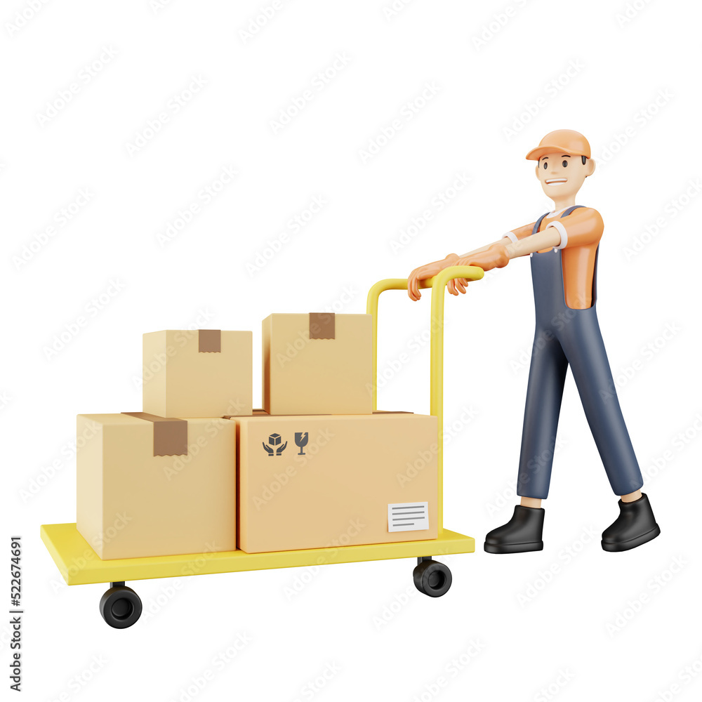 Man transporting packages on pushcart 3d illustration Man transporting packages on pushcart 3d illustration