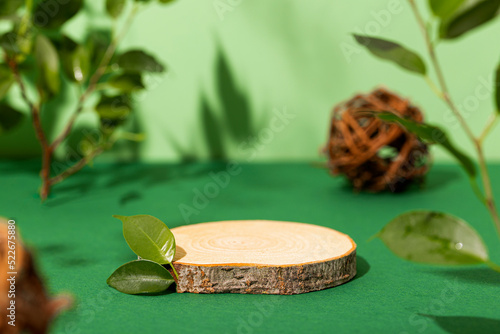 Fototapeta Naklejka Na Ścianę i Meble -  Minimal modern product display on green background. Wood slice podium and green leaves. Concept scene stage showcase for new product, promotion sale, banner, presentation, cosmetic