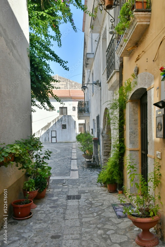 A narrow street in Castelvenere, a medieval village in the province of Avellino in Campania, Italy.