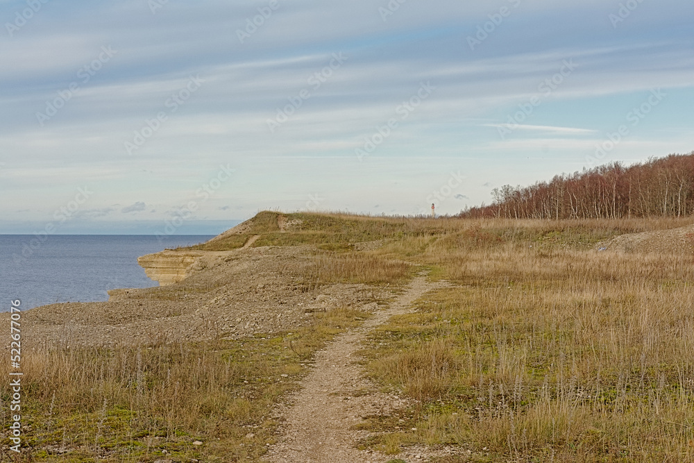 Hiking trail along the sea on the cliff coast of Pakri Peninsula, Paldiski, Estonia