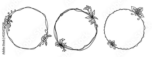 Photo Set of doodle simple circle frame with elegant leaves, twig and floral element