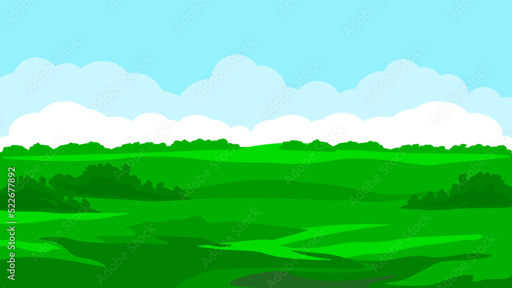 Summer meadow landscape, green valley with blue sky and white clouds. Flat vector illustration. Nature background. 