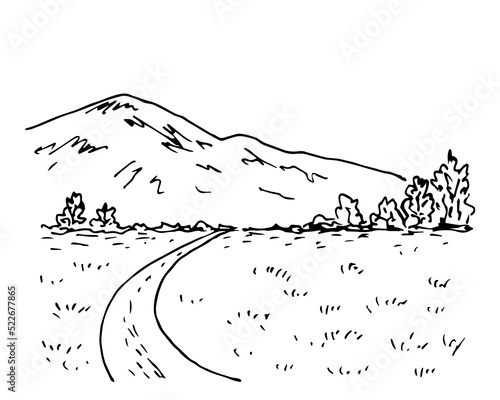Simple black outline vector drawing. Summer landscape, countryside nature. Road in the field, trees, meadow grass, a mountain on the horizon. Sketch in ink.