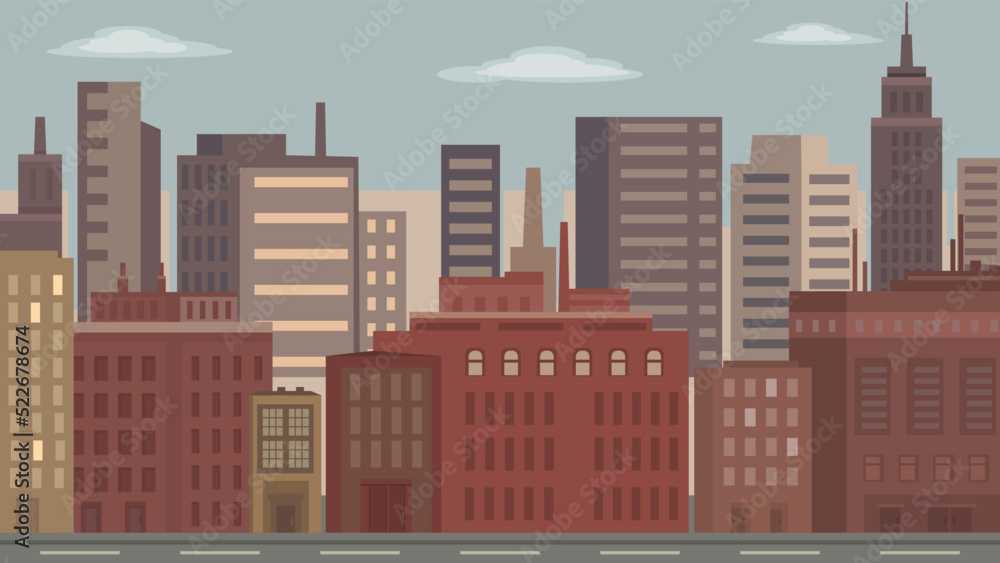 Urban landscape with residential and industrial buildings. Drawing in cartoon style, flat design vector illustration. Cityscape background.