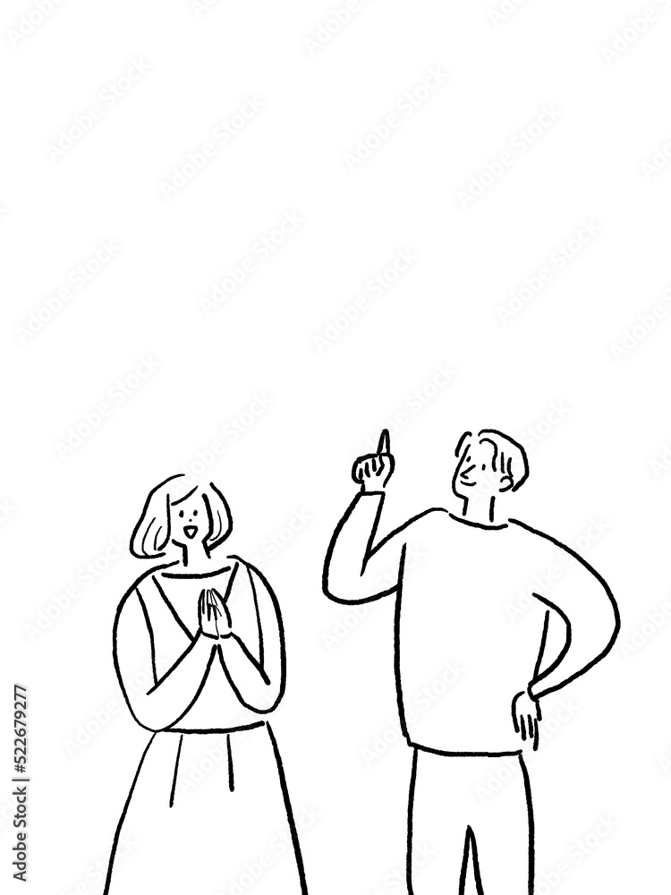 男女の感情（ひらめく、喜ぶ）、縦、線画