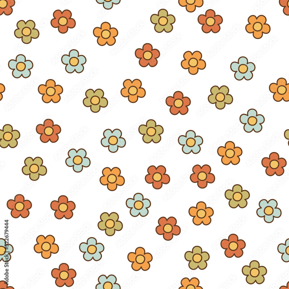 Seamless pattern retro 1970s hippie. Minimalistic background with colorful flower in vintage style. Illustration with positive symbols for wallpaper, fabric, textiles. Vector