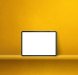 Digital tablet pc on yellow wall shelf. Square background banner
