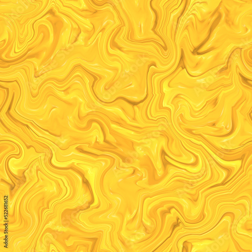 Yellow orange juice or honey blots. Sweet, smudges, splashes, drops, seamless wallpaper. Liquid jets, different abstract forms. Ebru liquid texture. Amber marble background. 3d render illustration