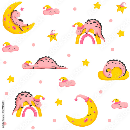 Childish seamless pattern with cute pink dinosaurs, moon, stars on a white background. Baby dino in different poses. Sleeping animal babies. Ideal for fabric, textile, prints, clothing.