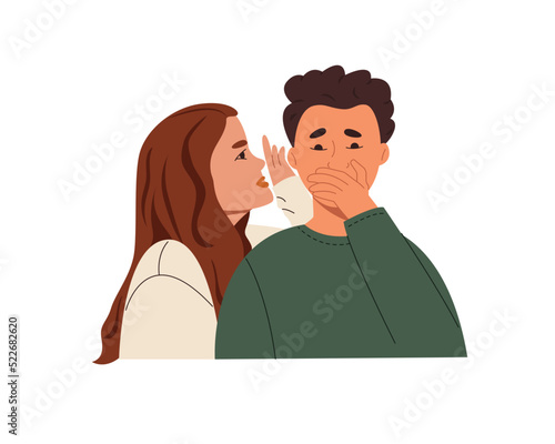Woman whispering gossip or secret rumors to man ear. Shocked guy listening slander, backbiting, hearsay, tales from girl friend. Color flat vector illustration isolated on white background