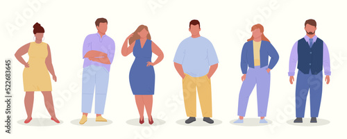 fat people. body positive male and female characters in casual clothes. Vector fat persons in flat style
