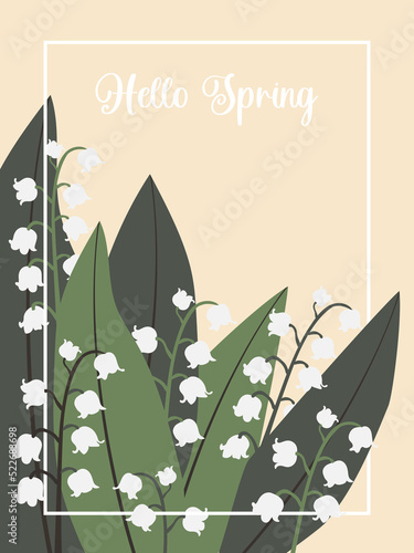 Hello Spring. Lily of the valley. convallaria mahalis. Spring flowers and lush foliage on a vertical background. 