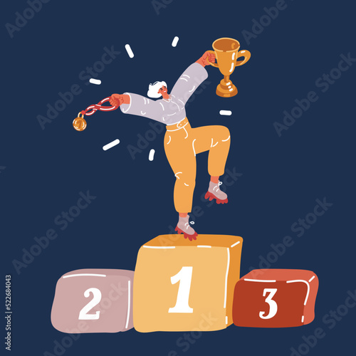 Cartoon vector illustration of Successful confident businesswoman is on the first place on the pedestal overcoming