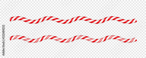 Christmas candy cane wave line with red and white striped. Xmas line with striped candy lollipop pattern. Christmas and new year element. Vector illustration isolated on white background.