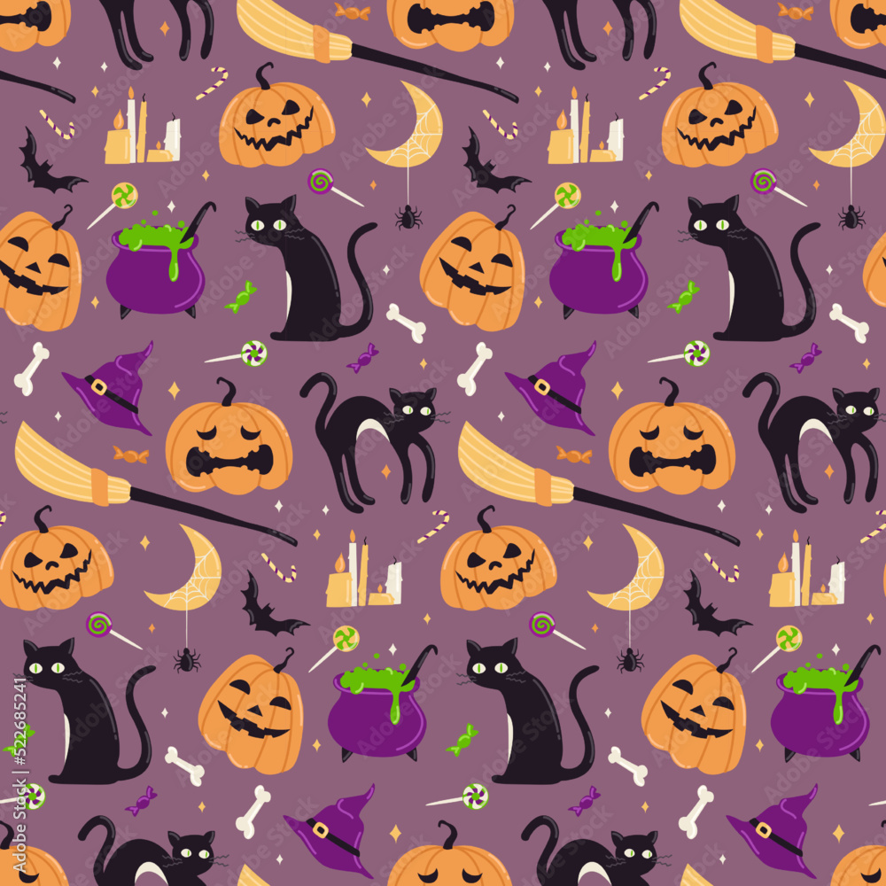 Cute Halloween vector seamless pattern. Pumpkins with different faces, black cat, witch's potion and broom, bat, sweets and candies. Ideal for wrapping paper, fabrics, printing and postcards