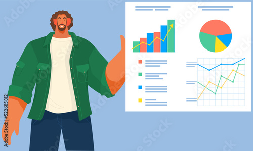 Data analytics information and development statistics. Web analysis measure, product testing technology. Man analyses dashboard seo optimization, digital report. Statistical indicators data diagram