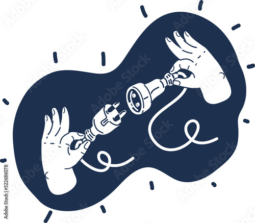 Cartoon vector illuatration of Electric power plug holding in hand. Unplug, plugged. Connecting power plug.