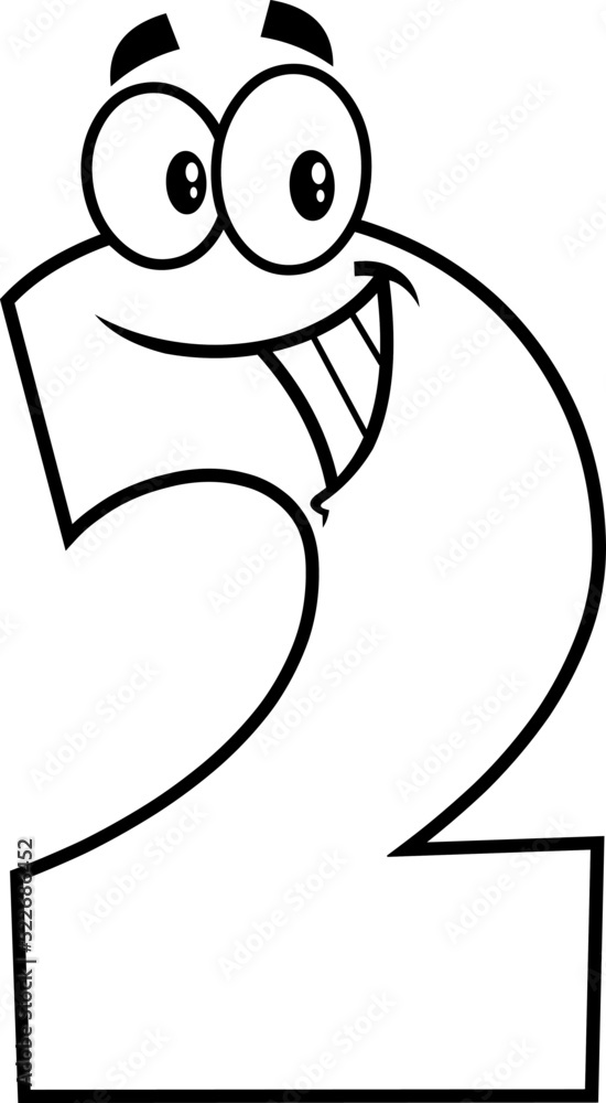 Outlined Funny Number Two 2 Cartoon Character. Vector Hand Drawn Illustration Isolated On White Background
