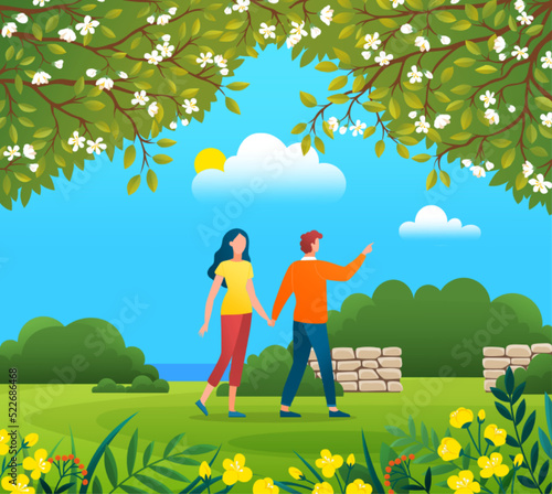 Couple walking in forest or park. Young guy and girl holding hands walking in summer garden. Lovers man and woman on date, romantic walk outdoor. Happy promenade in open air, active lifestyle