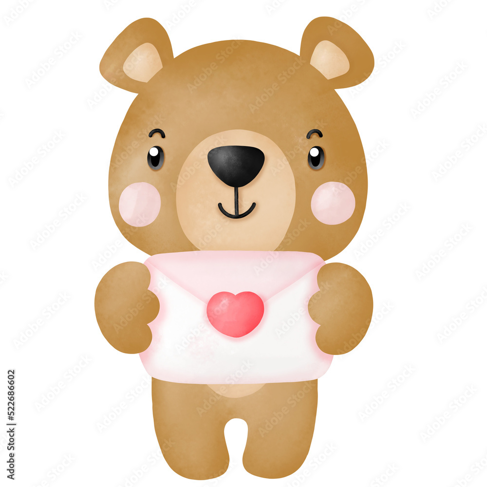 Fototapeta premium Watercolor cute teddy bear love set valentines day with elements