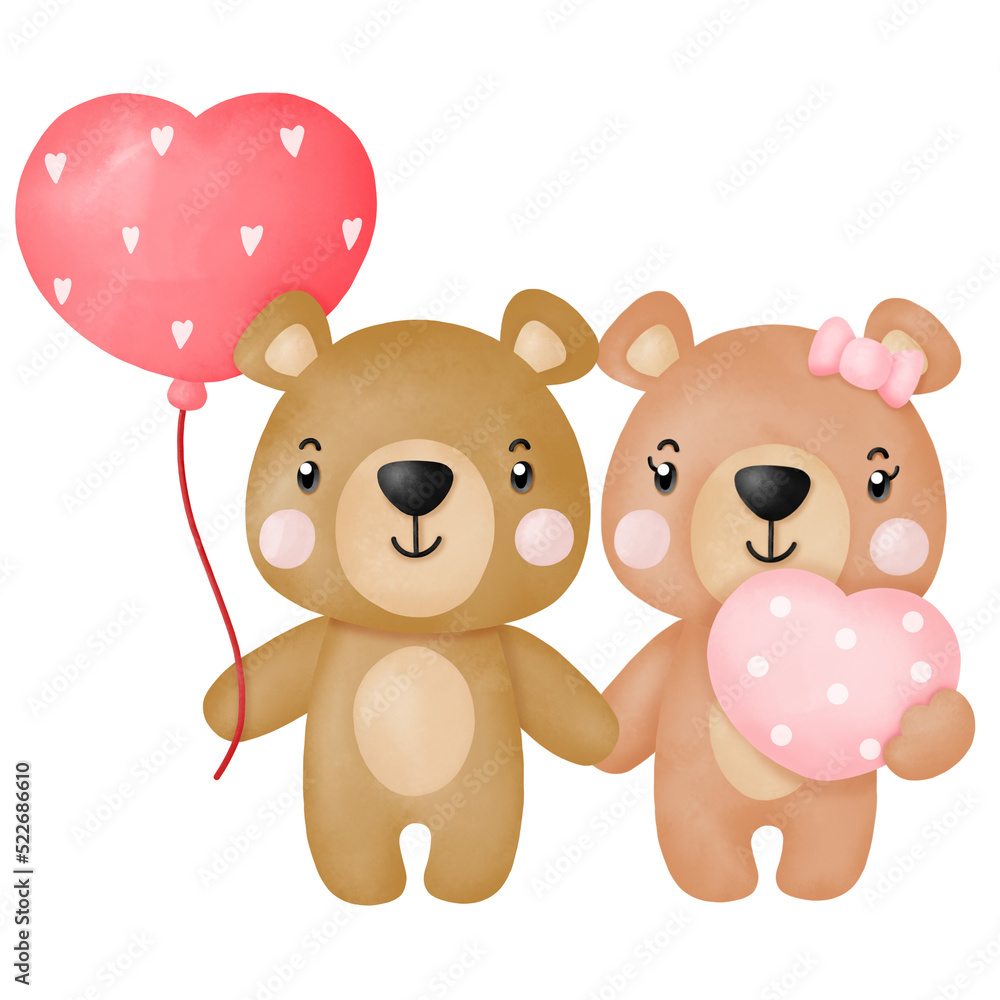 Watercolor cute teddy bear love set valentines day with elements Watercolor cute teddy bear love set valentines day with elements