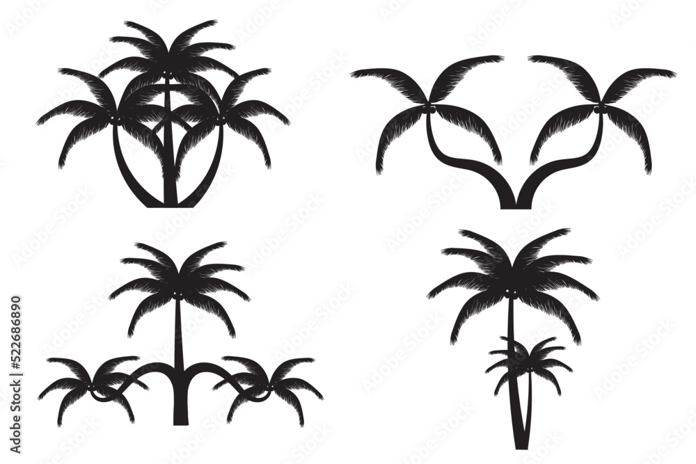 Vector illustration. Palm shadows for design. Palm trees for banner posters. Black palm trees and white background. A coconut tree with both straight and curved trees. isolated