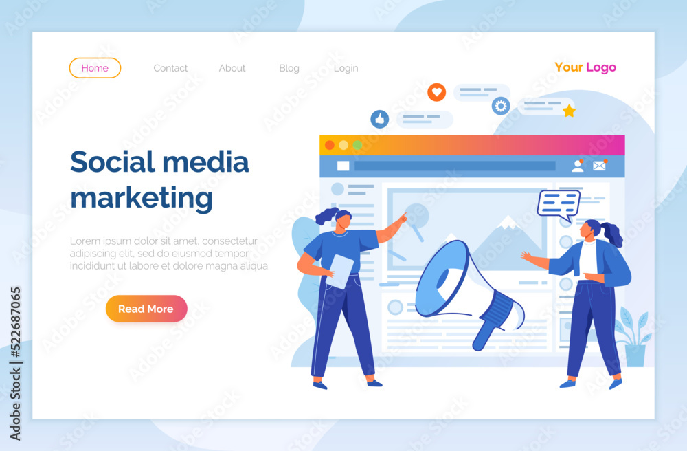 Social media marketing. Computer program with social network interface. Getting new subscribers, likes, messages. People work with advertising and promotion on Internet. Website landing page template