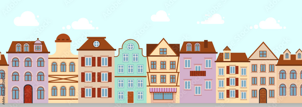 Old street European. seamless pattern town. Small town with retro houses.
