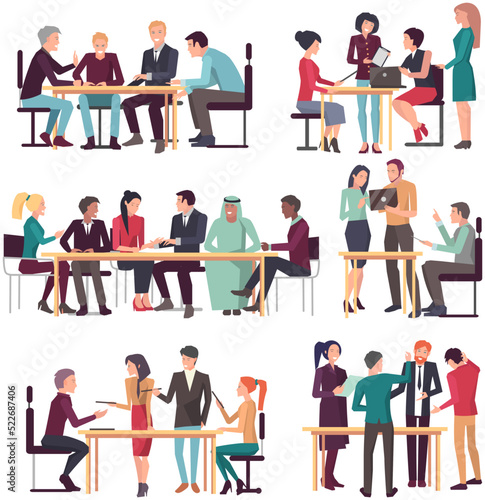 Set of illustrations about businesspeople team project strategy planning. Teamwork with business, creating new creative project. Colleagues discussing work in business. Successful project development