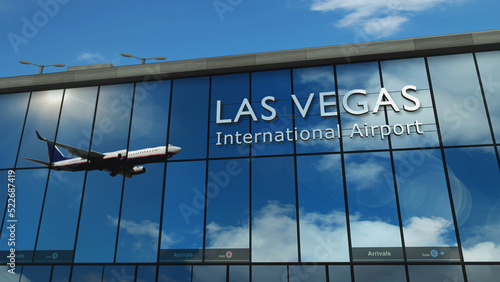 Airplane landing at Las Vegas Nevada, USA airport mirrored in terminal