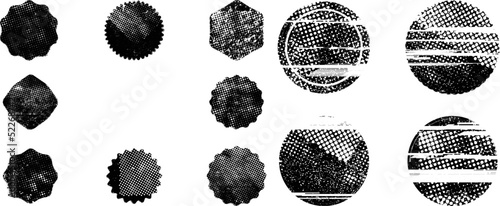 Glitch distorted geometric shape . Noise destroyed logo . Trendy defect error shapes . Glitched frame .Grunge textured . Distressed effect .Vector shapes with a halftone dots screen print texture.